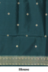 Green shade checked and butta banarasi silk saree with contrast geometric zari border and buttas blouse