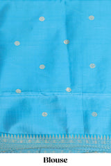 Yellow shade checked and butta banarasi silk saree with teal blue contrast zari border and buttas blouse