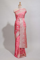 Peach floral designed banarasi silk saree with self zari border and blouse