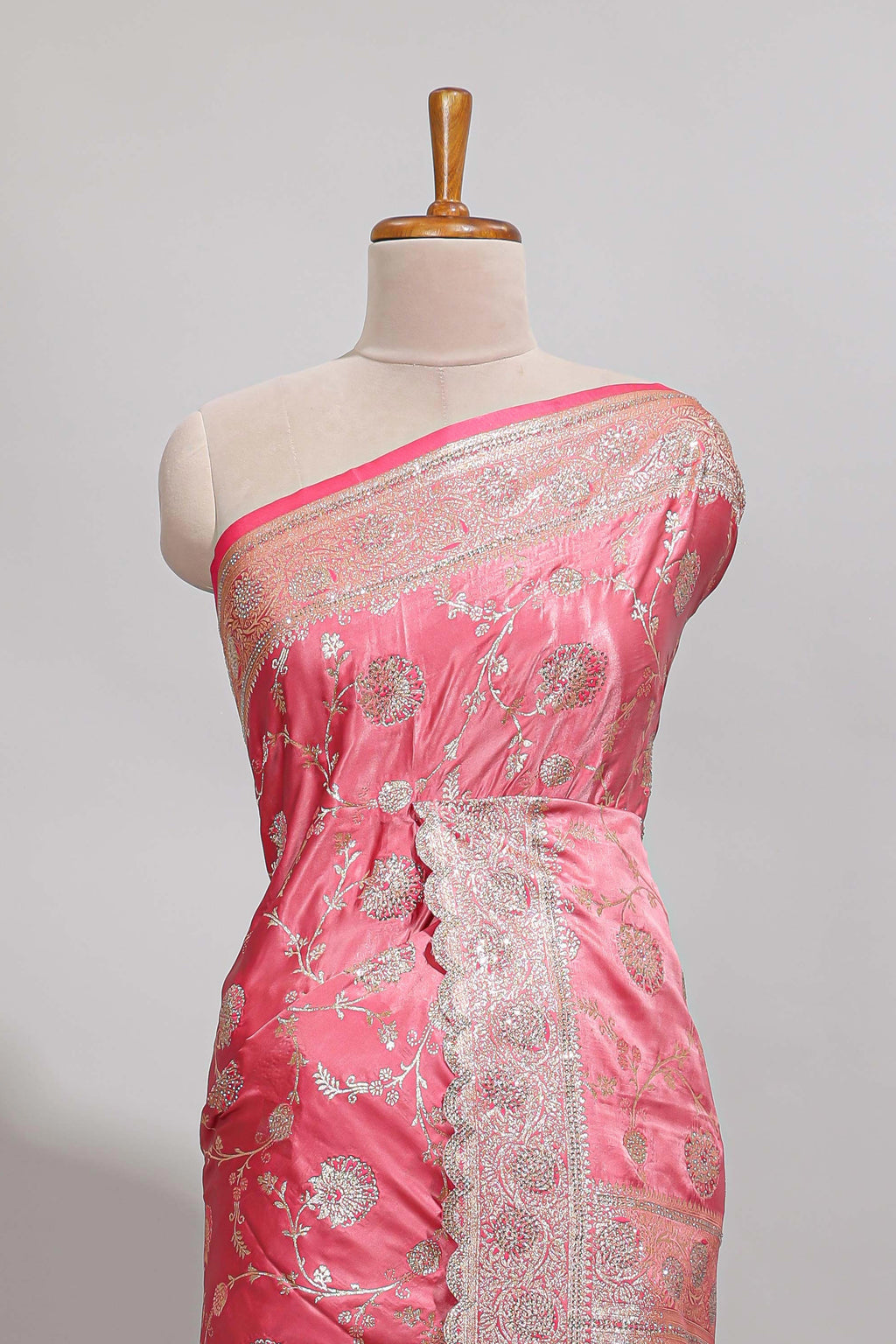 Peach floral designed banarasi silk saree with self zari border and blouse
