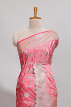Peach floral designed banarasi silk saree with self zari border and blouse