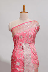 Peach floral designed banarasi silk saree with self zari border and blouse