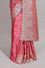 Peach floral designed banarasi silk saree with self zari border and blouse