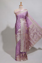 Lavender striped floral design banarasi silk saree with self zari border and blouse