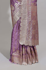 Lavender striped floral design banarasi silk saree with self zari border and blouse
