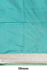 Sea green striped floral design banarasi silk saree with self zari border and blouse