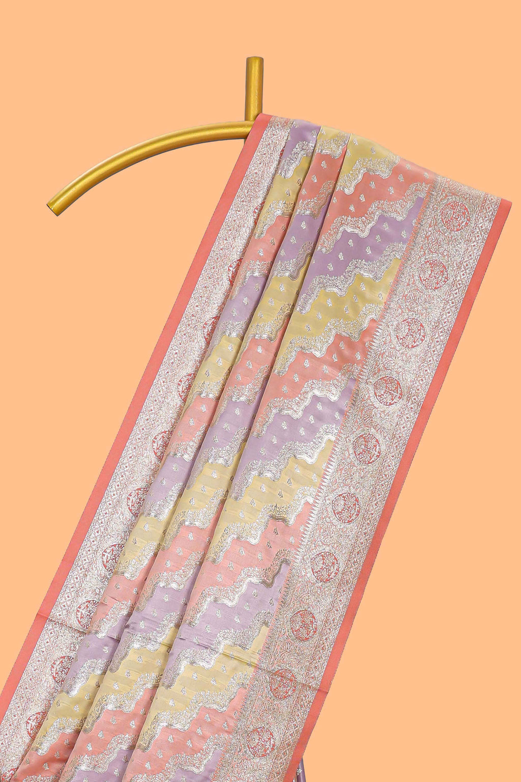 Peach multicolor striped banarasi silk saree with self zari border and  matching blouse