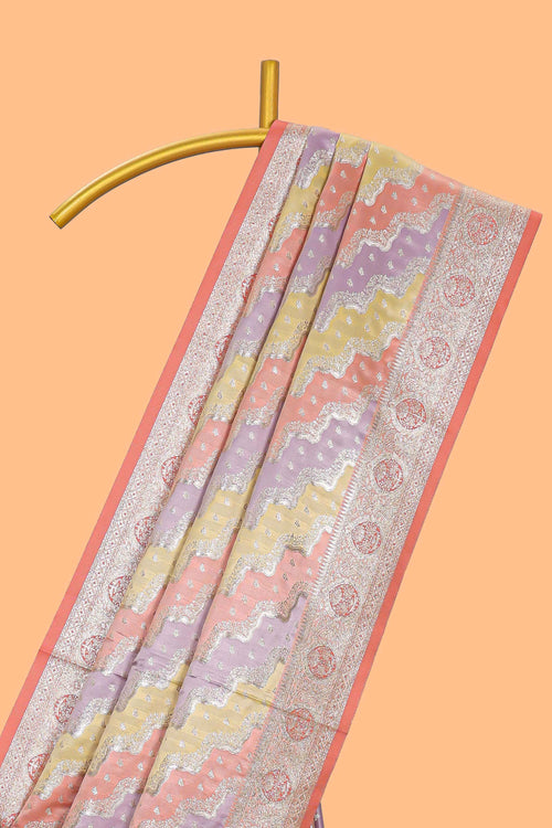 Peach multicolor striped banarasi silk saree with self zari border and  matching blouse