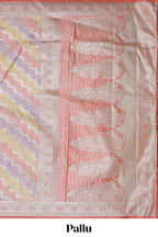 Peach multicolor striped banarasi silk saree with self zari border and  matching blouse