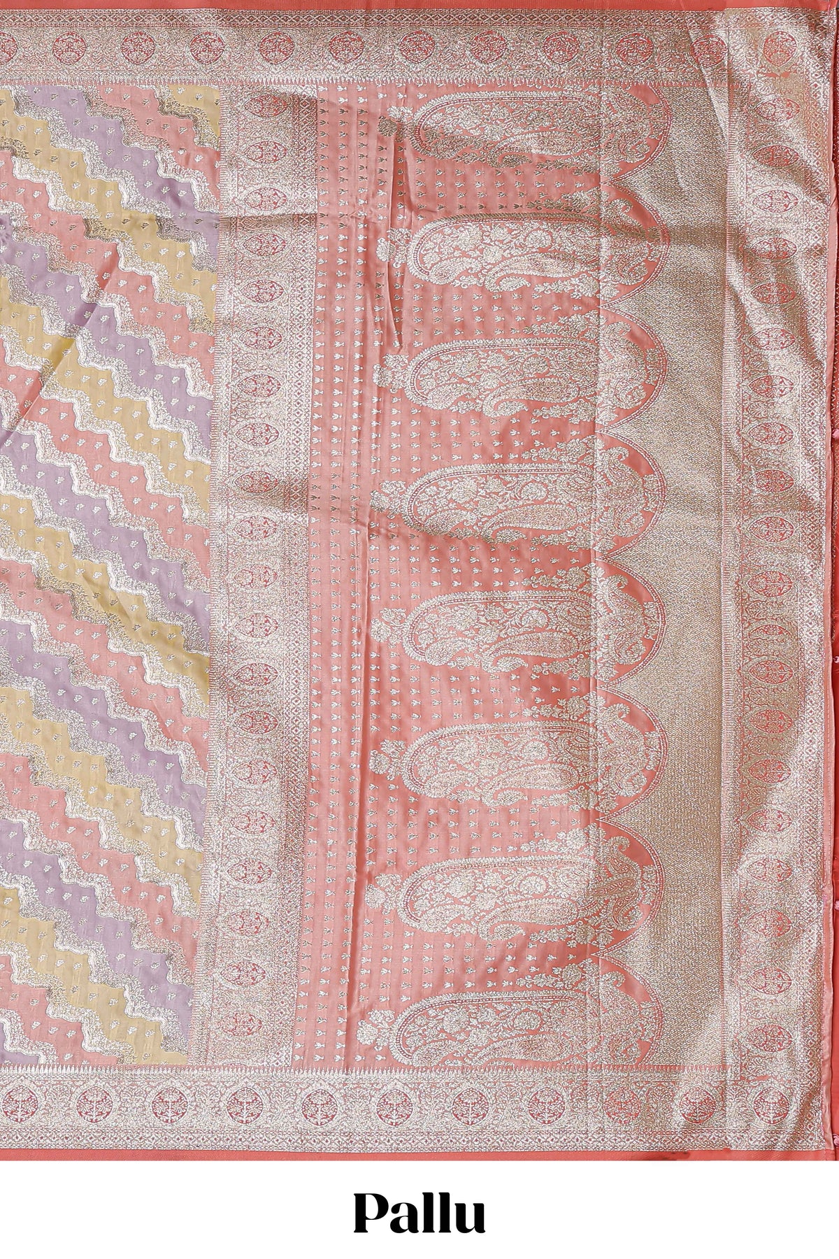 Peach multicolor striped banarasi silk saree with self zari border and  matching blouse