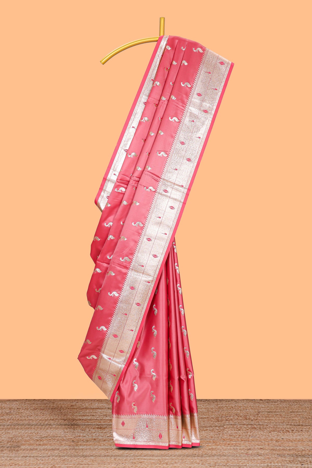 Peach butta designed banarasi silk saree with self zari border and  matching blouse