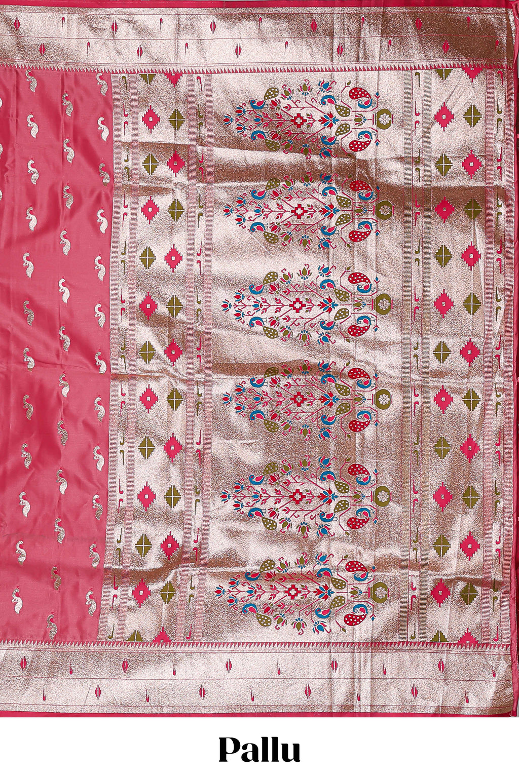 Peach butta designed banarasi silk saree with self zari border and  matching blouse