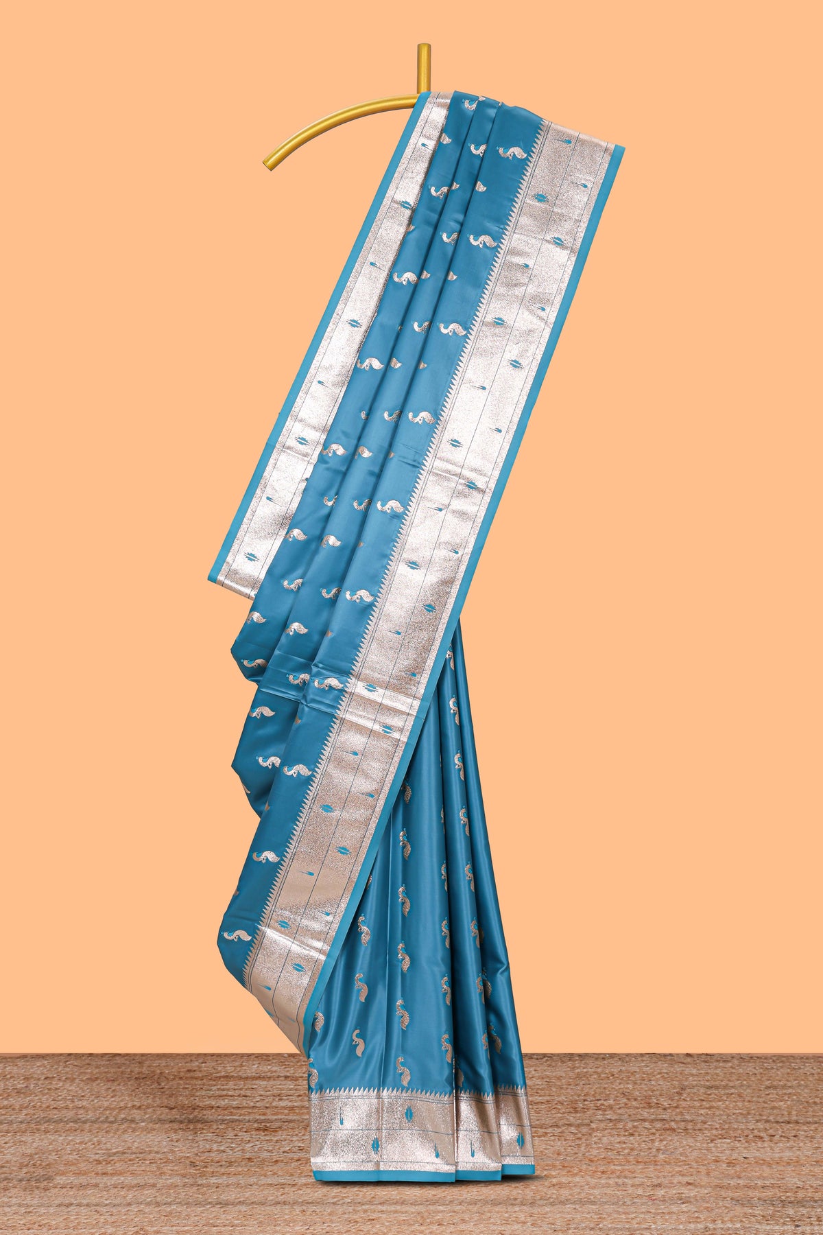 Blue butta designed banarasi silk saree with self zari border and  matching blouse