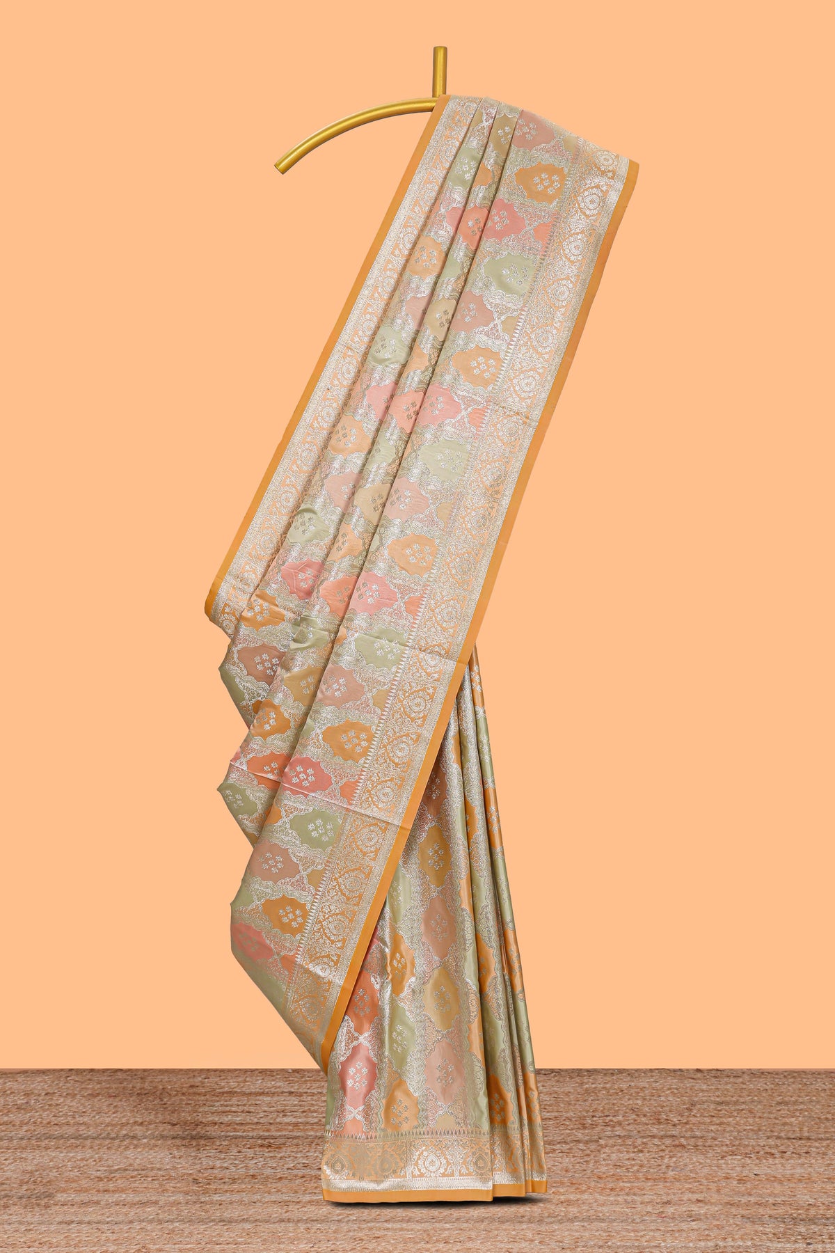 Orange multicolor floral motifs banarasi silk saree with self zari border and  matching blouse