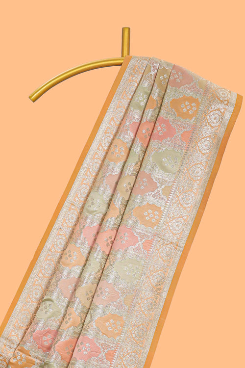 Orange multicolor floral motifs banarasi silk saree with self zari border and  matching blouse