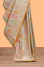 Orange multicolor floral motifs banarasi silk saree with self zari border and  matching blouse