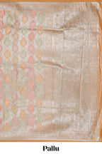 Orange multicolor floral motifs banarasi silk saree with self zari border and  matching blouse