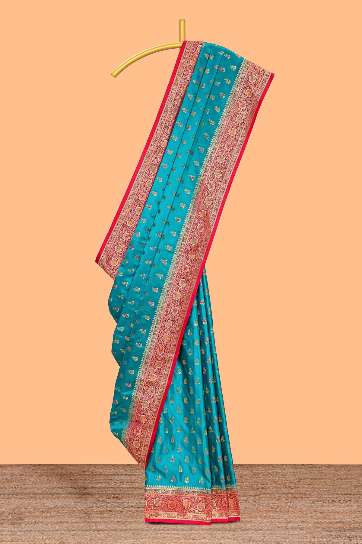 Teal blue banarasi silk saree with contrast zari border and blouse