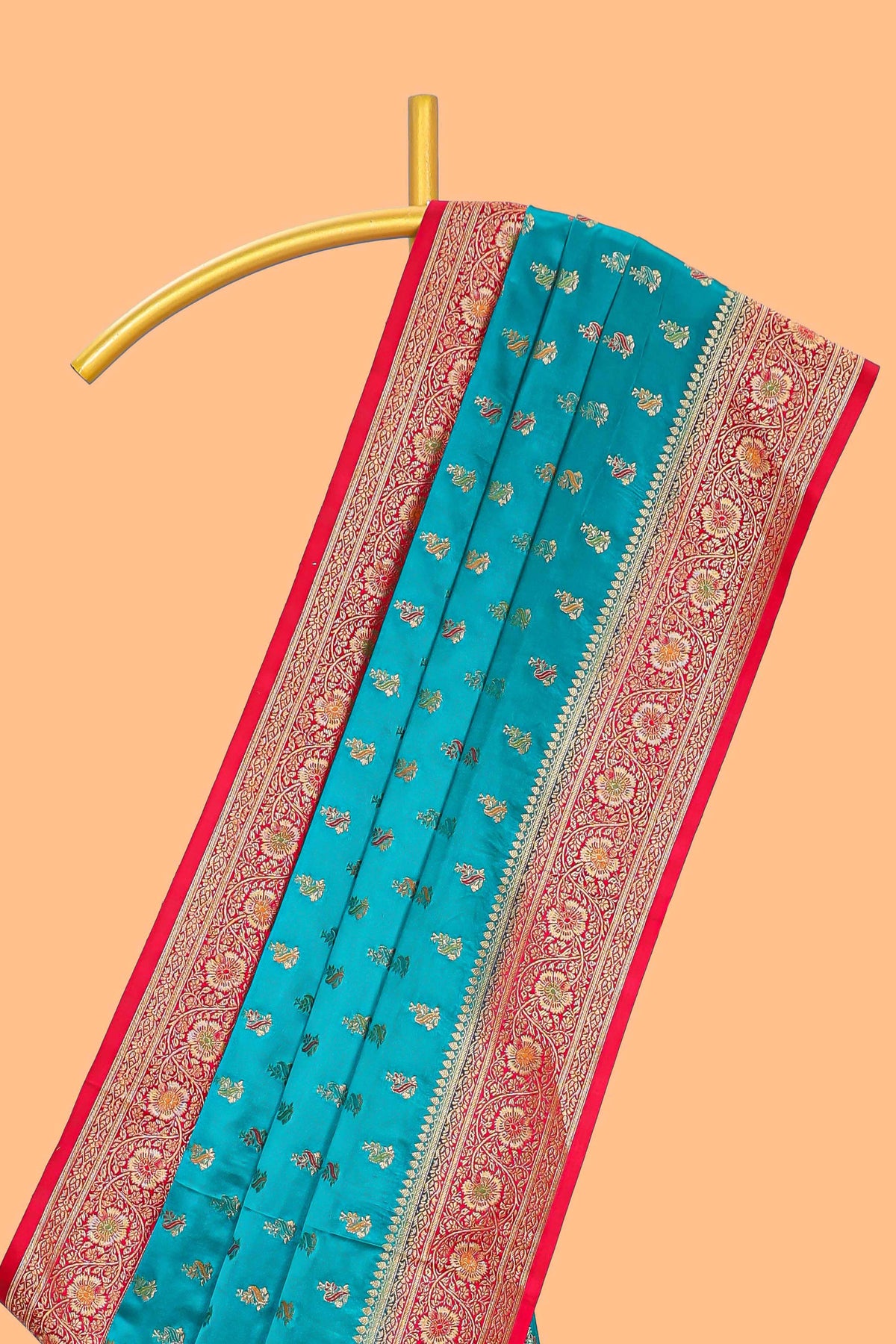 Teal blue banarasi silk saree with contrast zari border and blouse