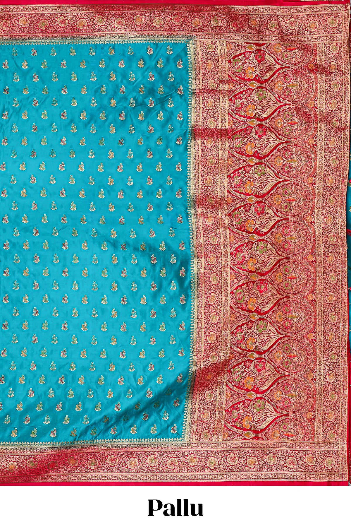 Teal blue banarasi silk saree with contrast zari border and blouse
