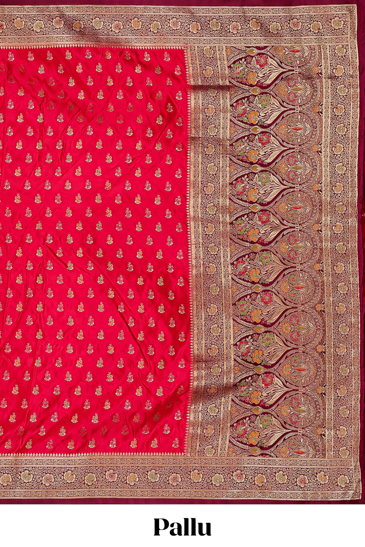 Red banarasi silk saree with contrast zari border and blouse