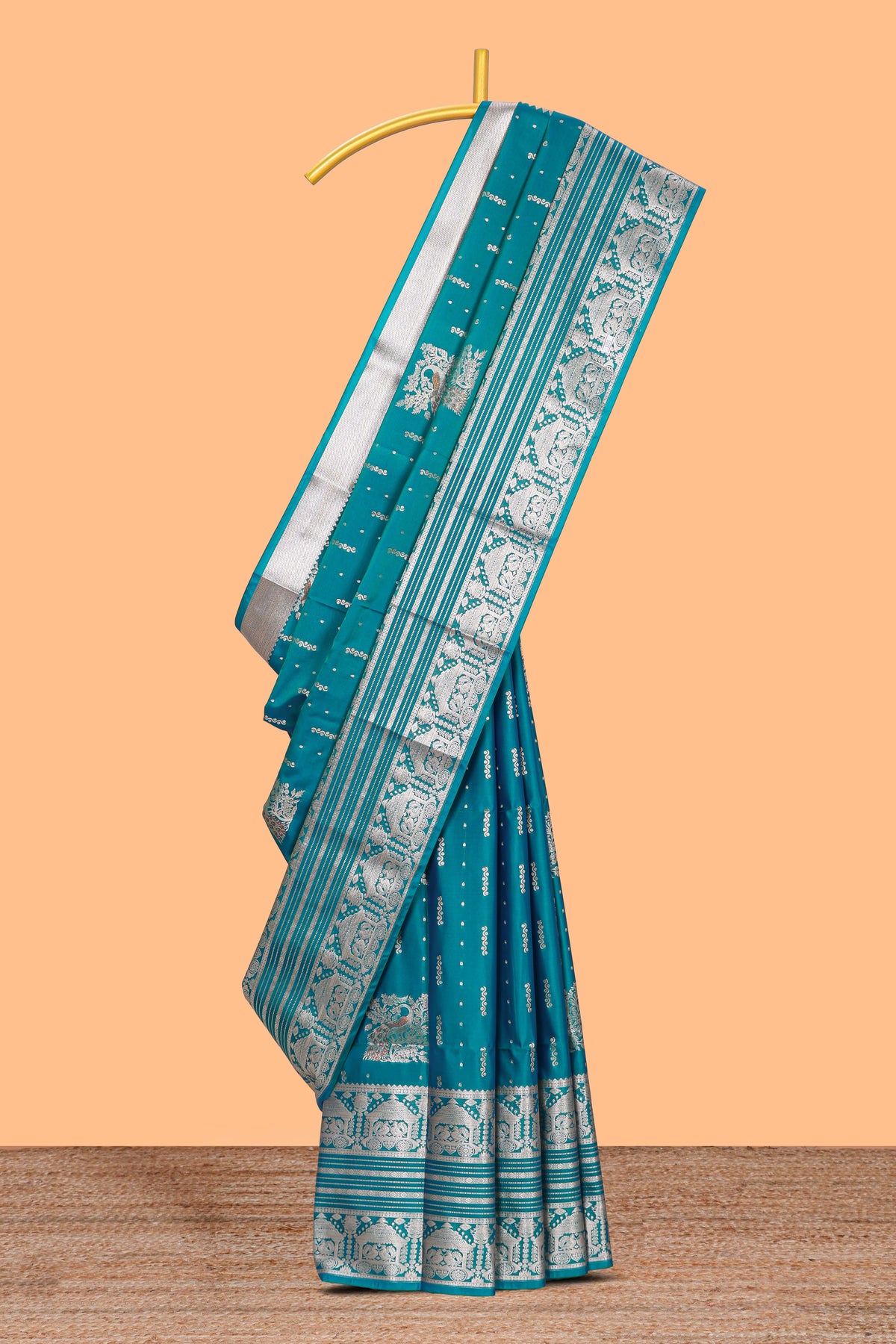 Blue unique designed banarasi silk saree with self zari border and matching blouse