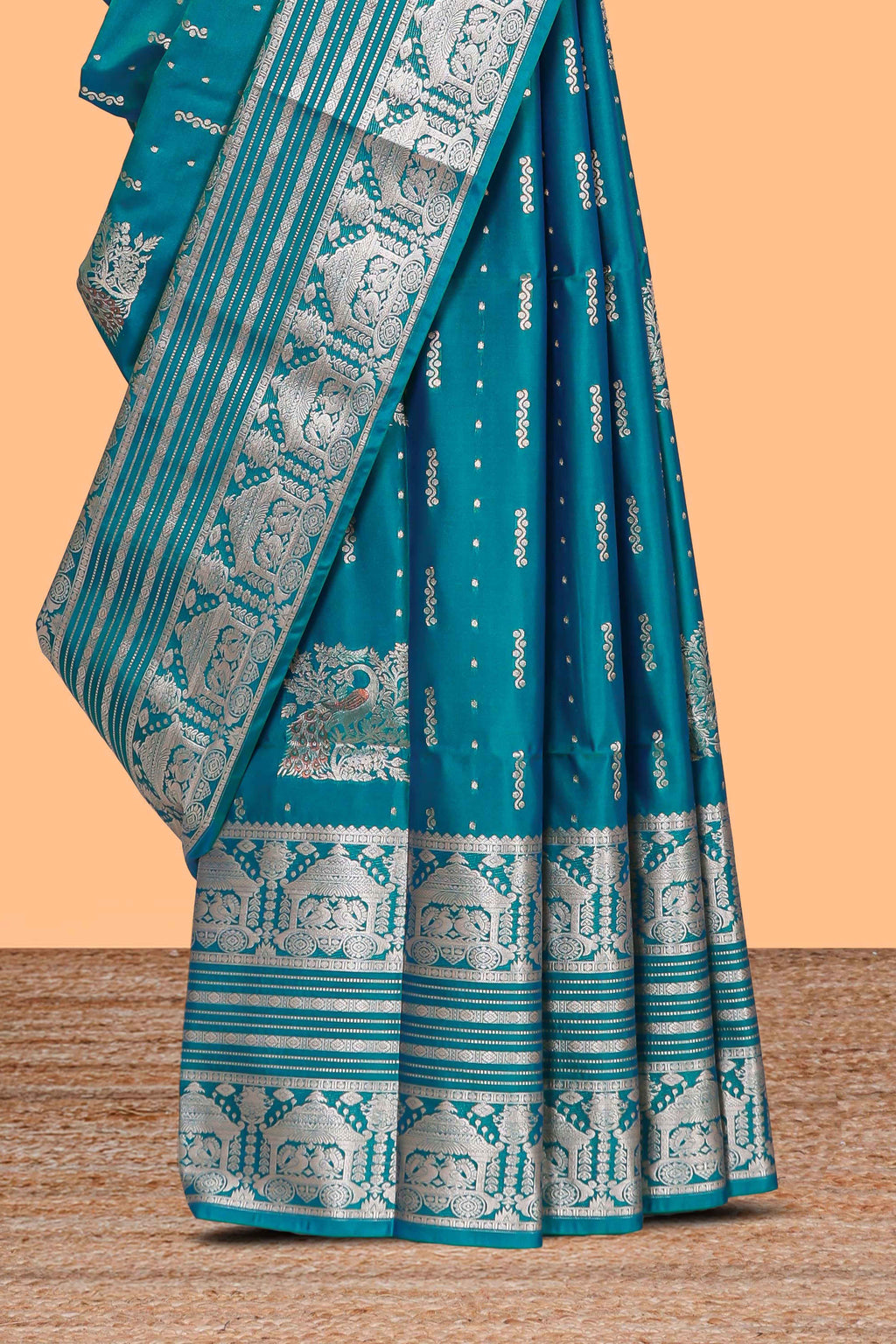 Blue unique designed banarasi silk saree with self zari border and matching blouse