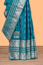 Blue unique designed banarasi silk saree with self zari border and matching blouse