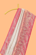 Cream unique designed banarasi silk saree with contrast floral zari border and blouse