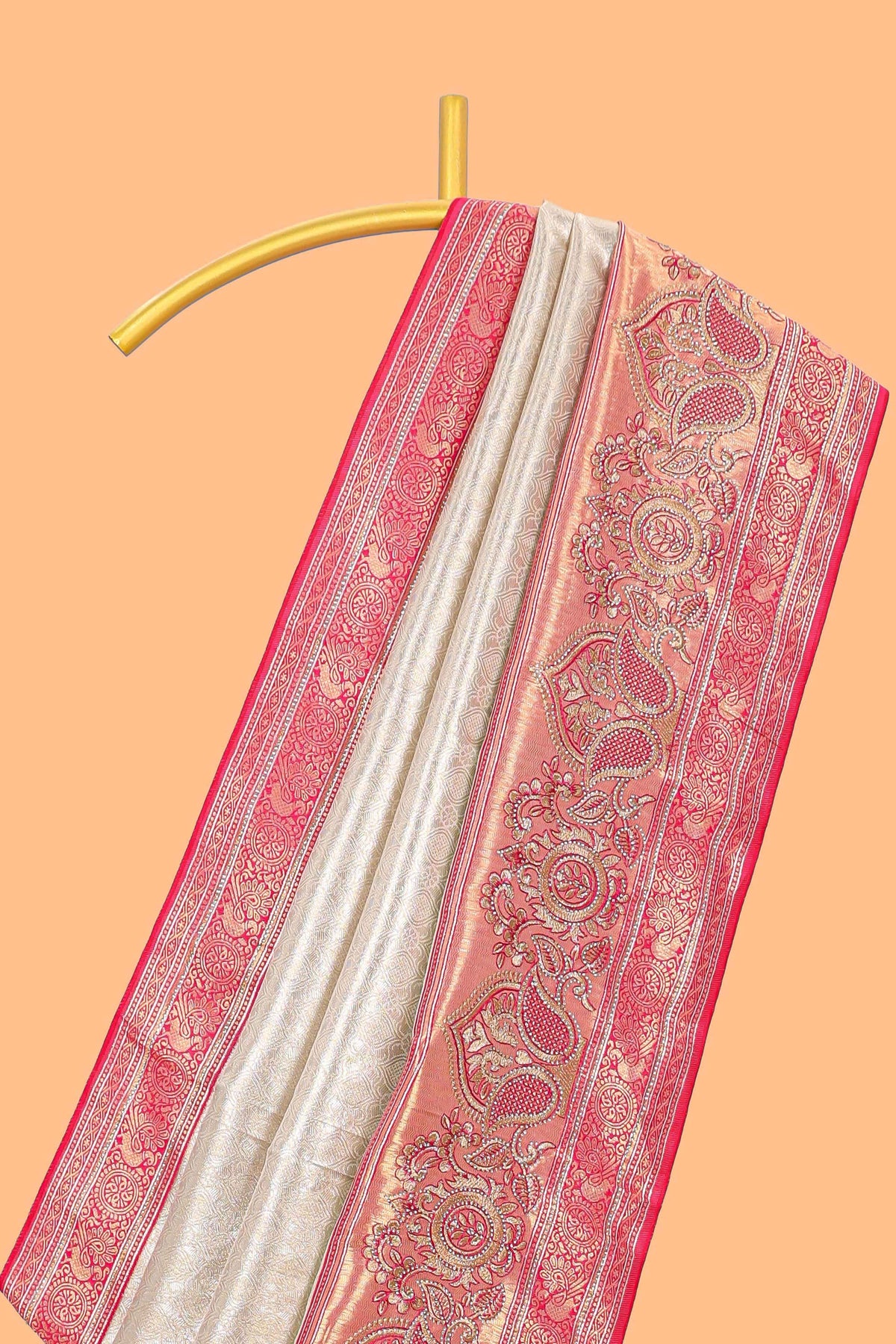 Cream unique designed banarasi silk saree with contrast floral zari border and blouse