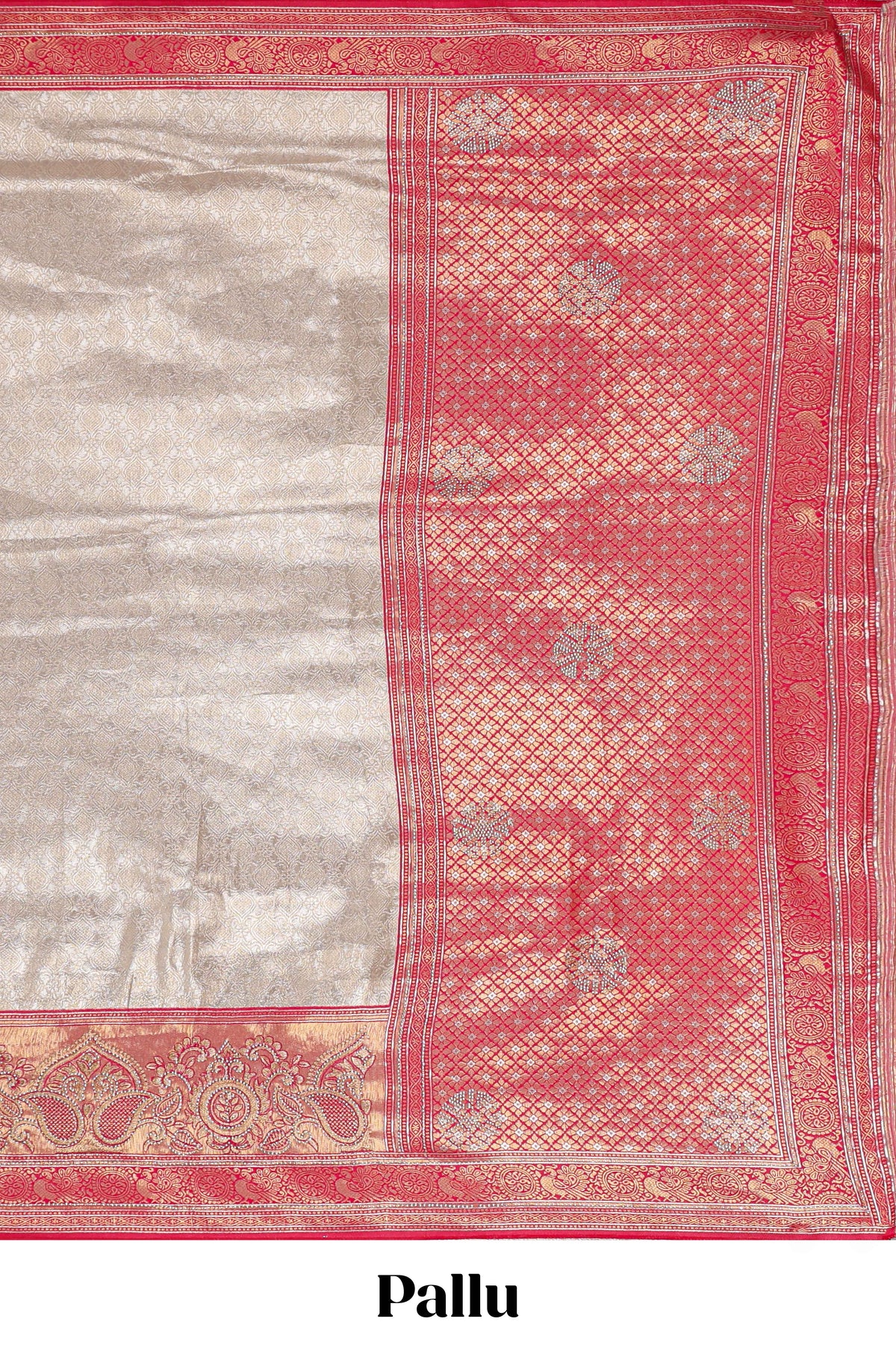 Cream unique designed banarasi silk saree with contrast floral zari border and blouse
