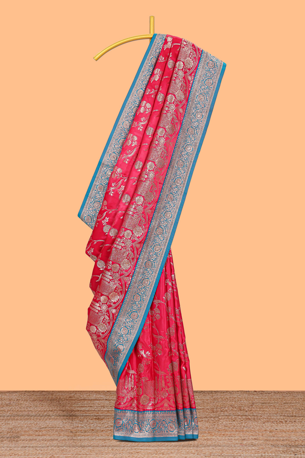 Red floral designed banarasi silk saree with contrast floral zari border and blouse
