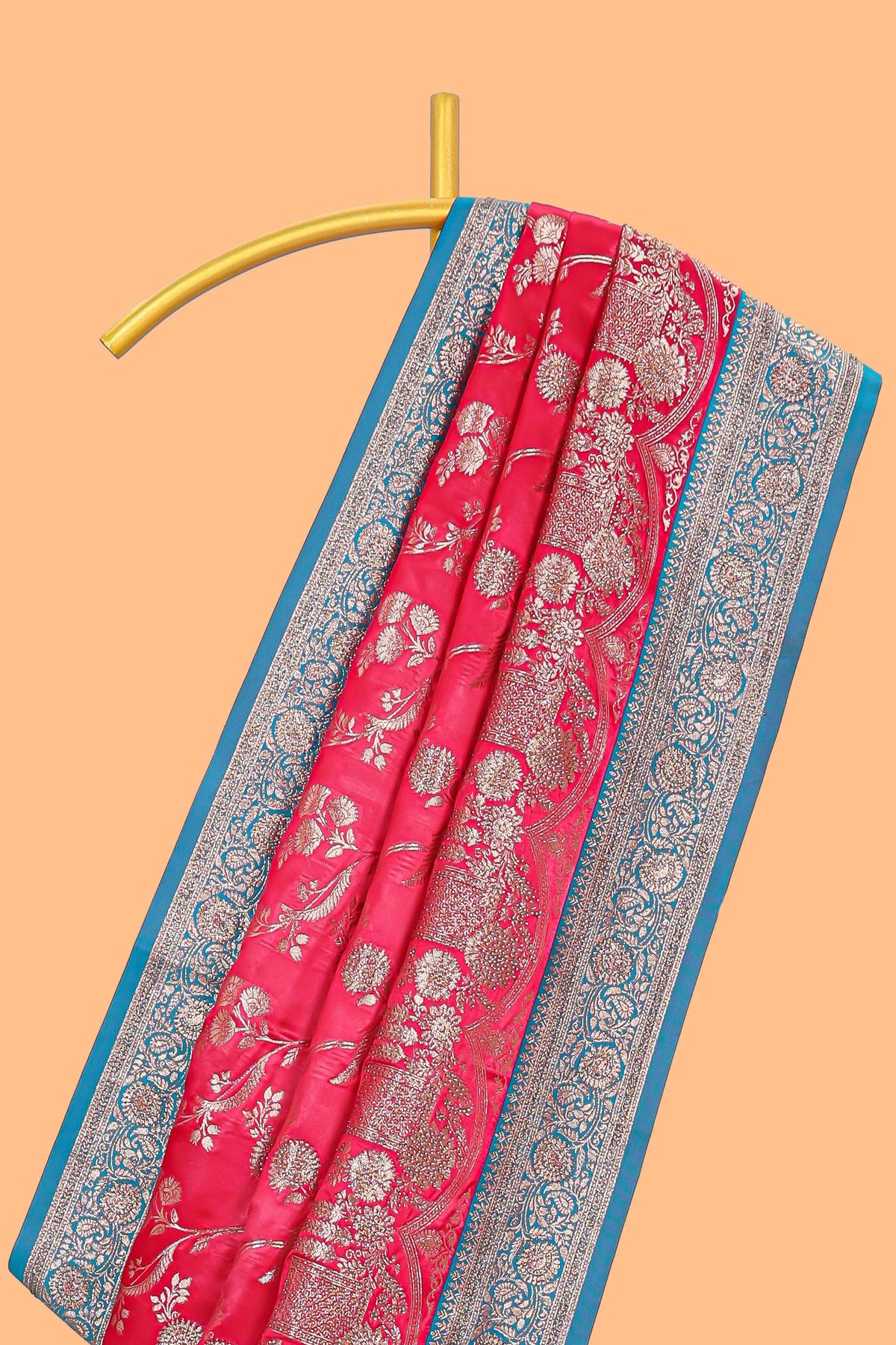Red floral designed banarasi silk saree with contrast floral zari border and blouse