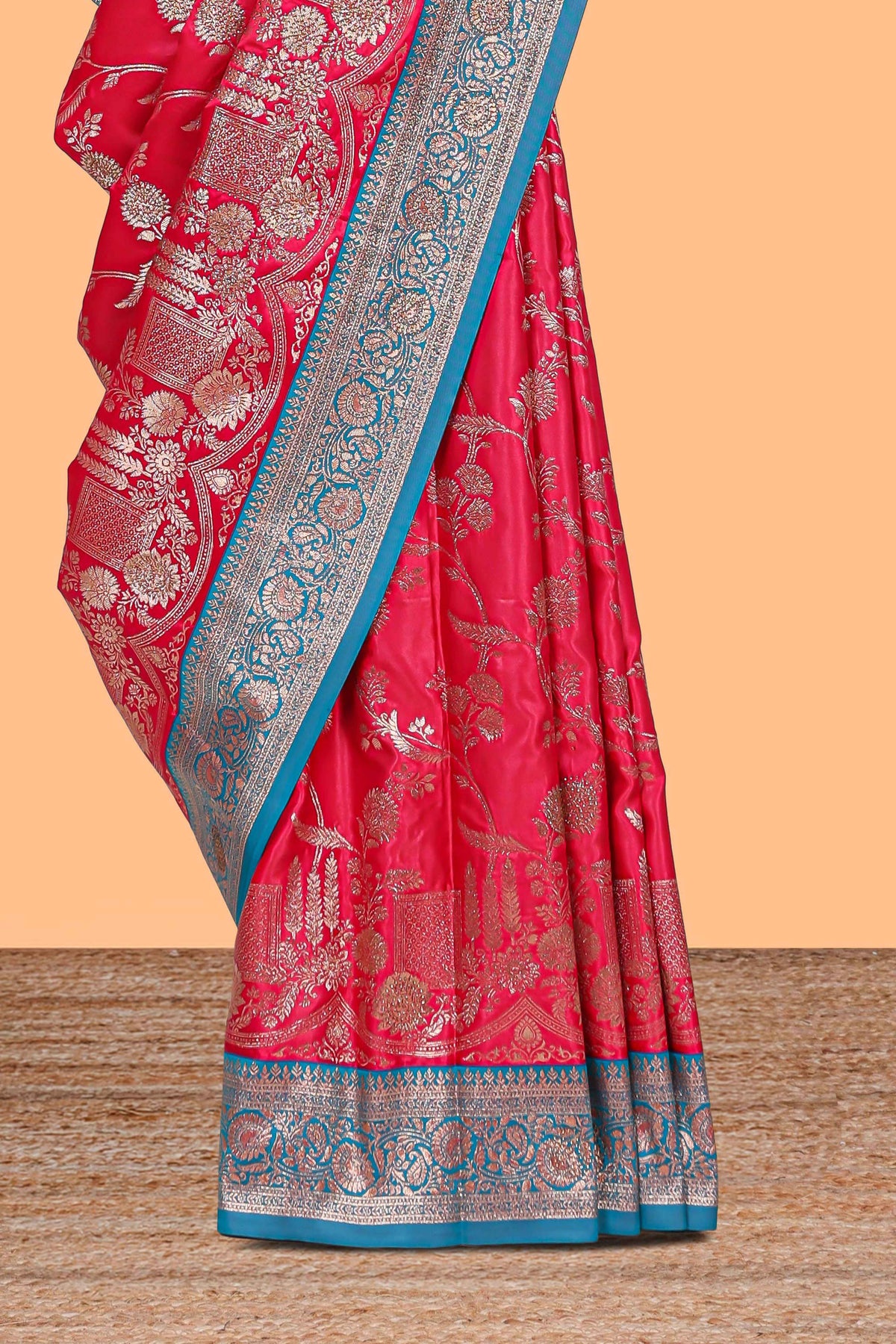 Red floral designed banarasi silk saree with contrast floral zari border and blouse