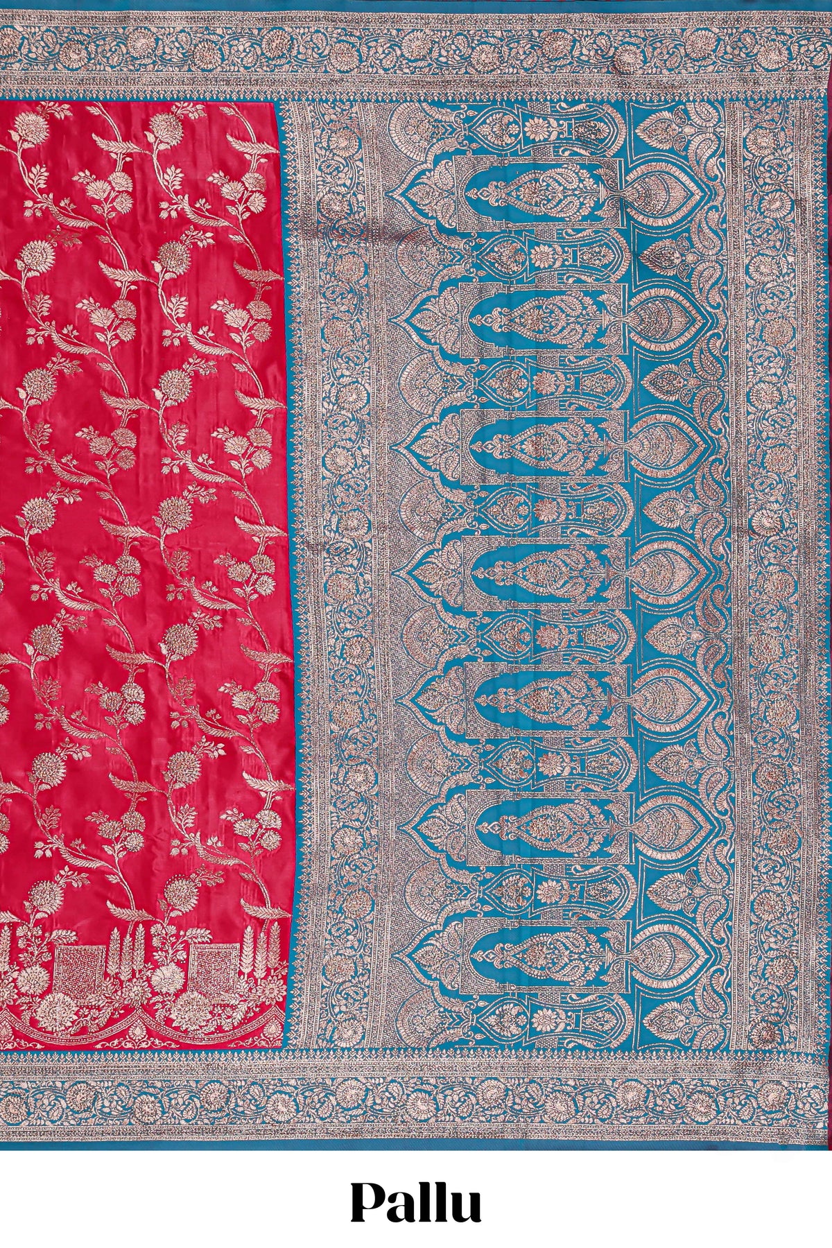 Red floral designed banarasi silk saree with contrast floral zari border and blouse