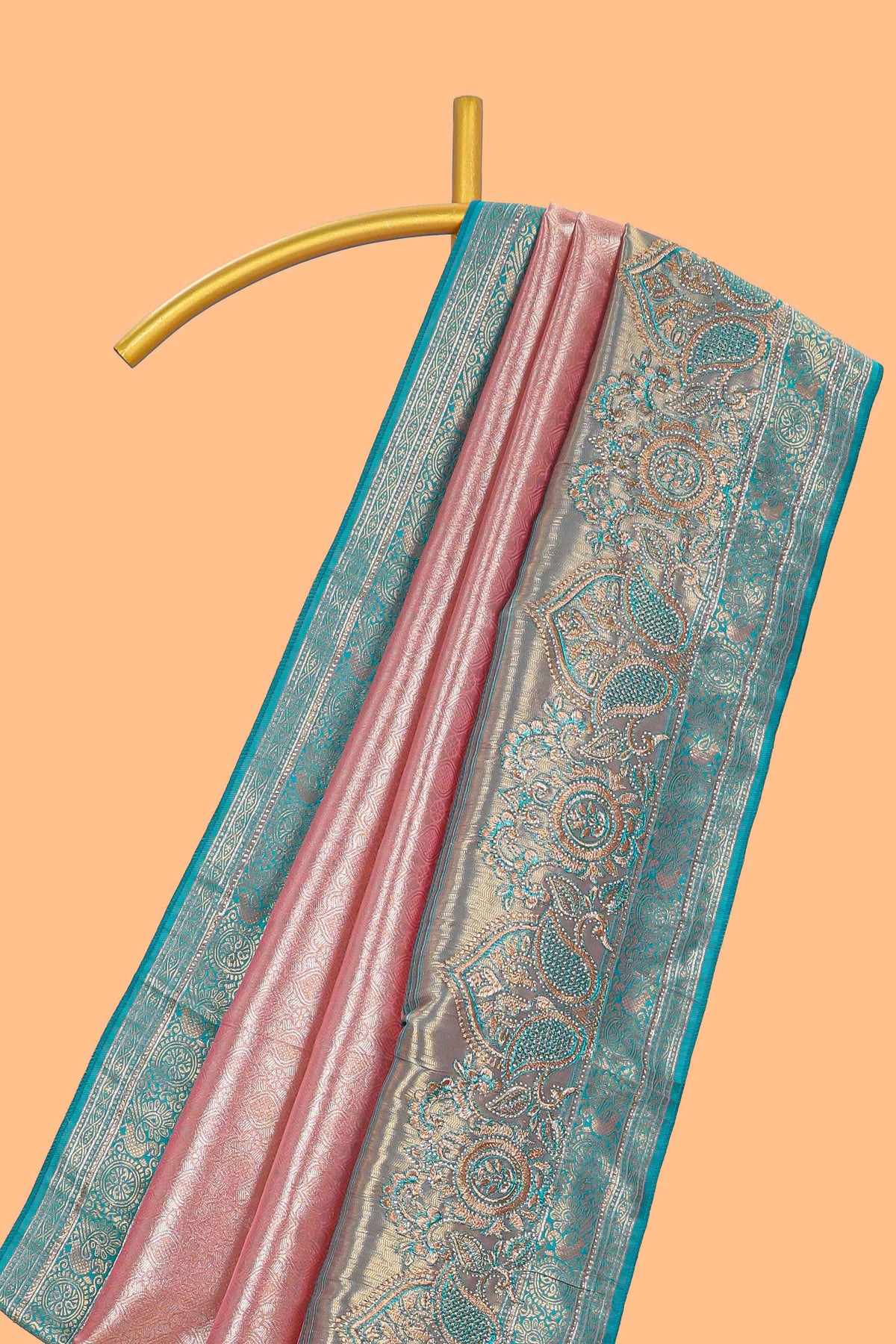 Blush pink unique designed banarasi silk saree with contrast floral zari border and blouse