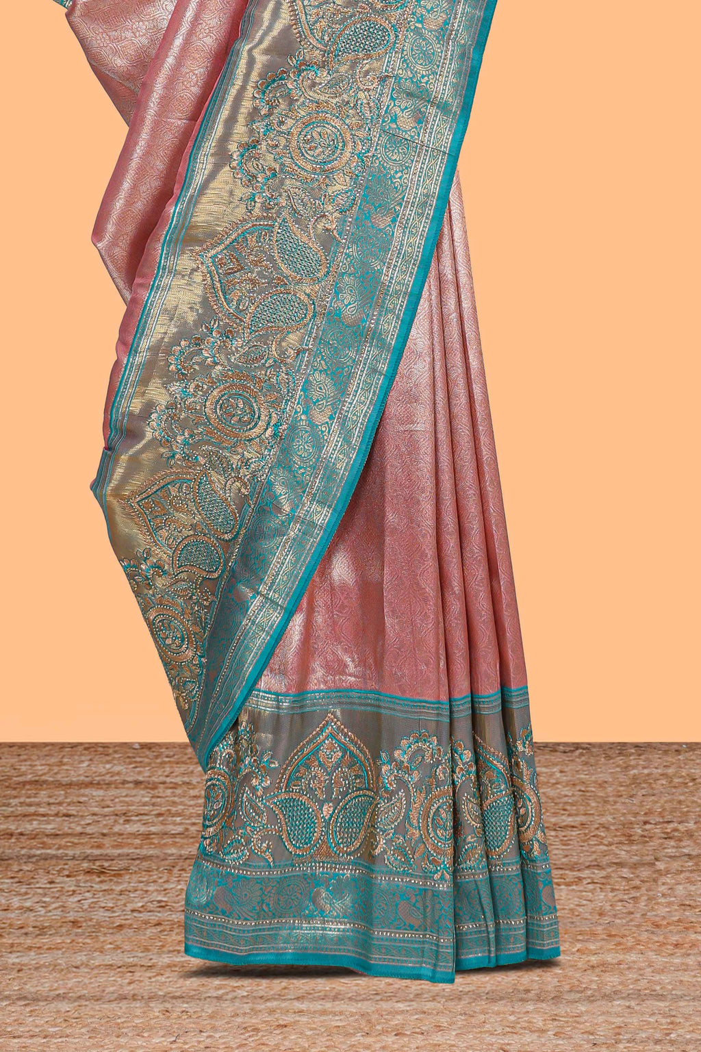 Blush pink unique designed banarasi silk saree with contrast floral zari border and blouse