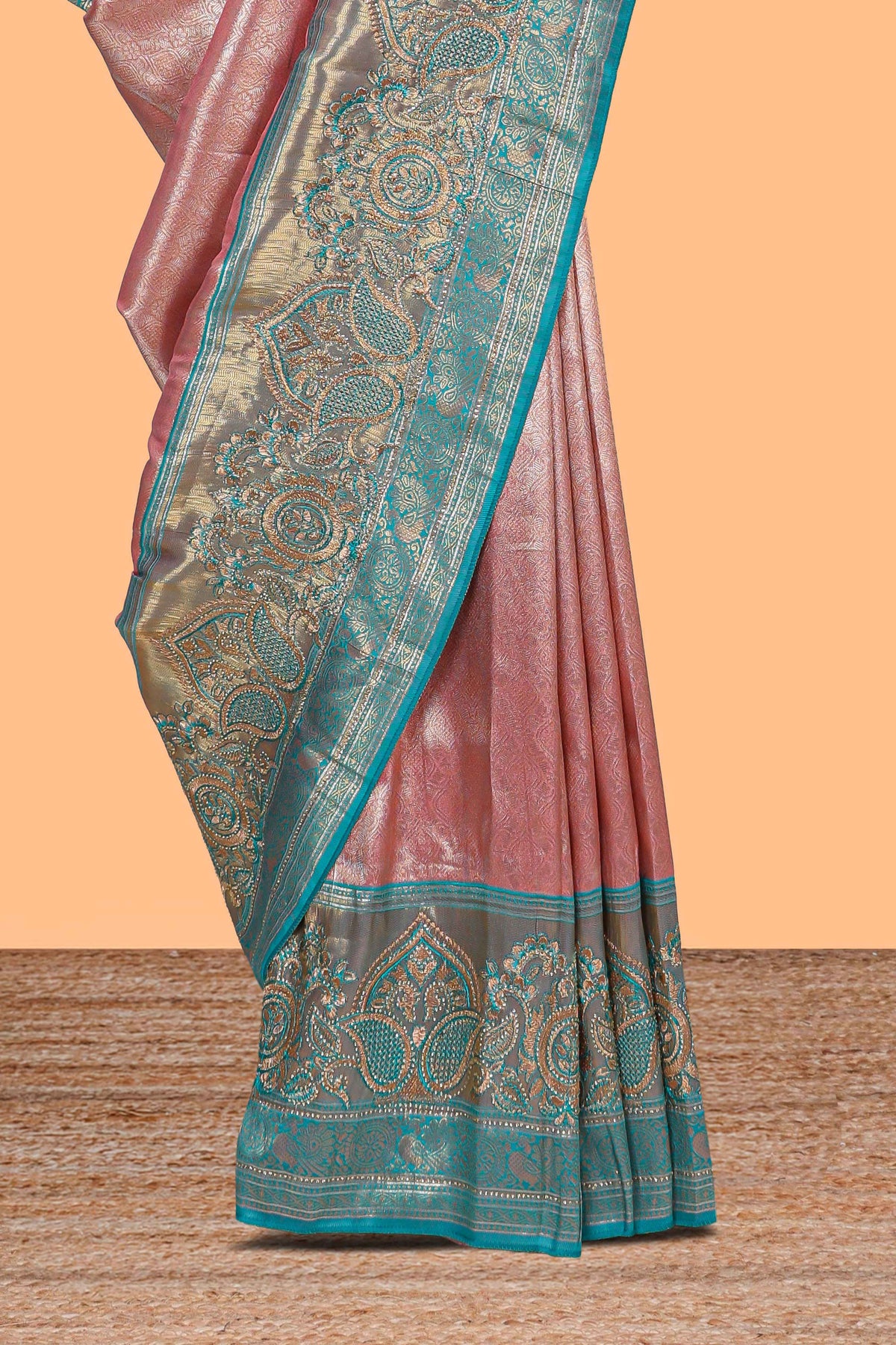 Blush pink unique designed banarasi silk saree with contrast floral zari border and blouse