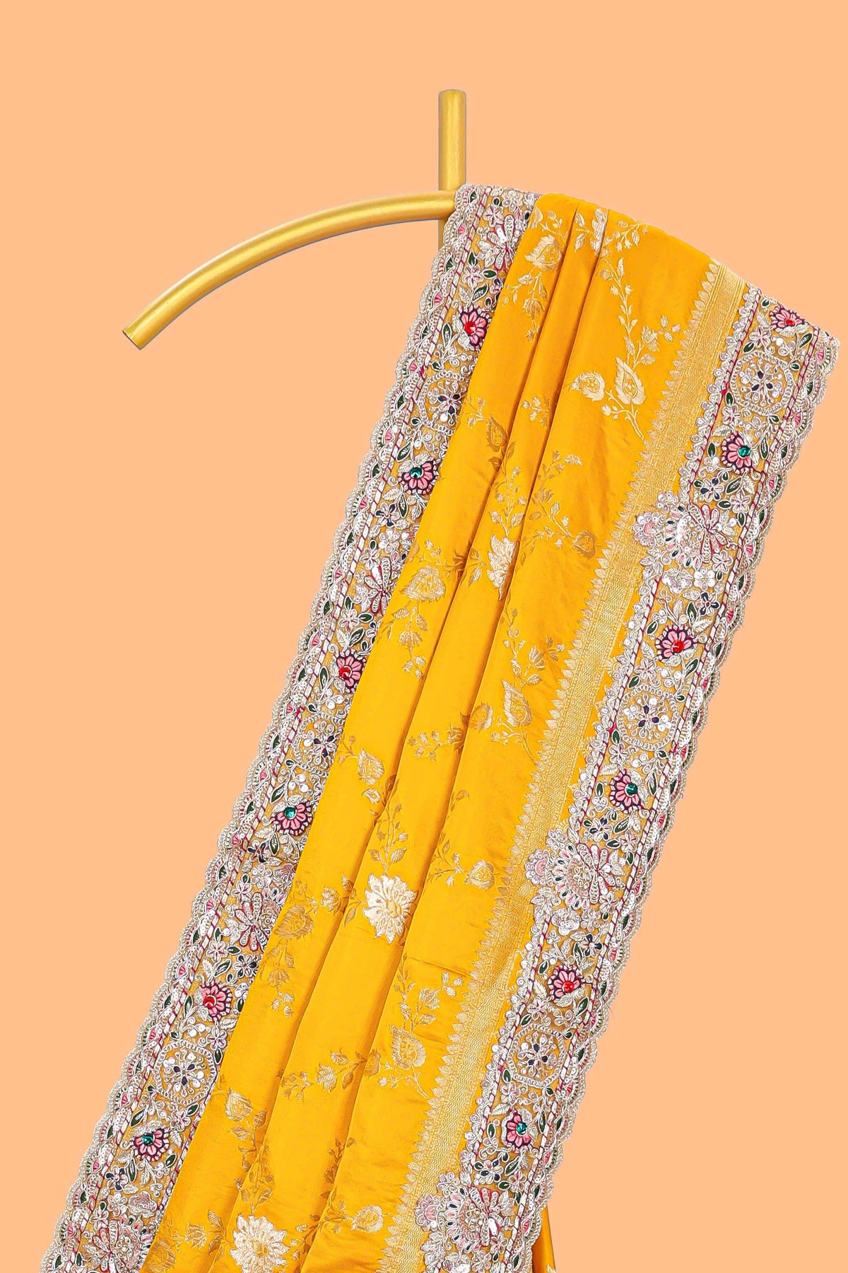 Yellow floral designed banarasi silk saree with self floral embroidery border and matching blouse