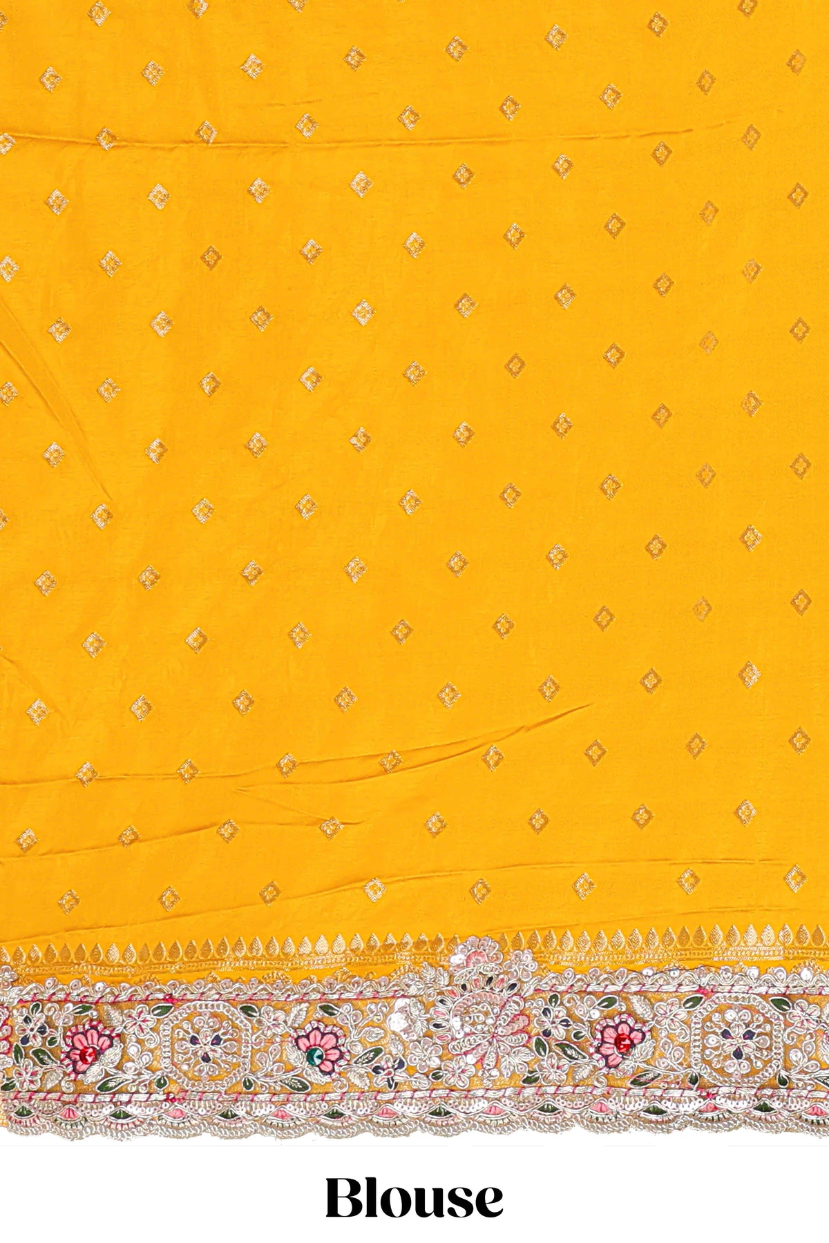 Yellow floral designed banarasi silk saree with self floral embroidery border and matching blouse