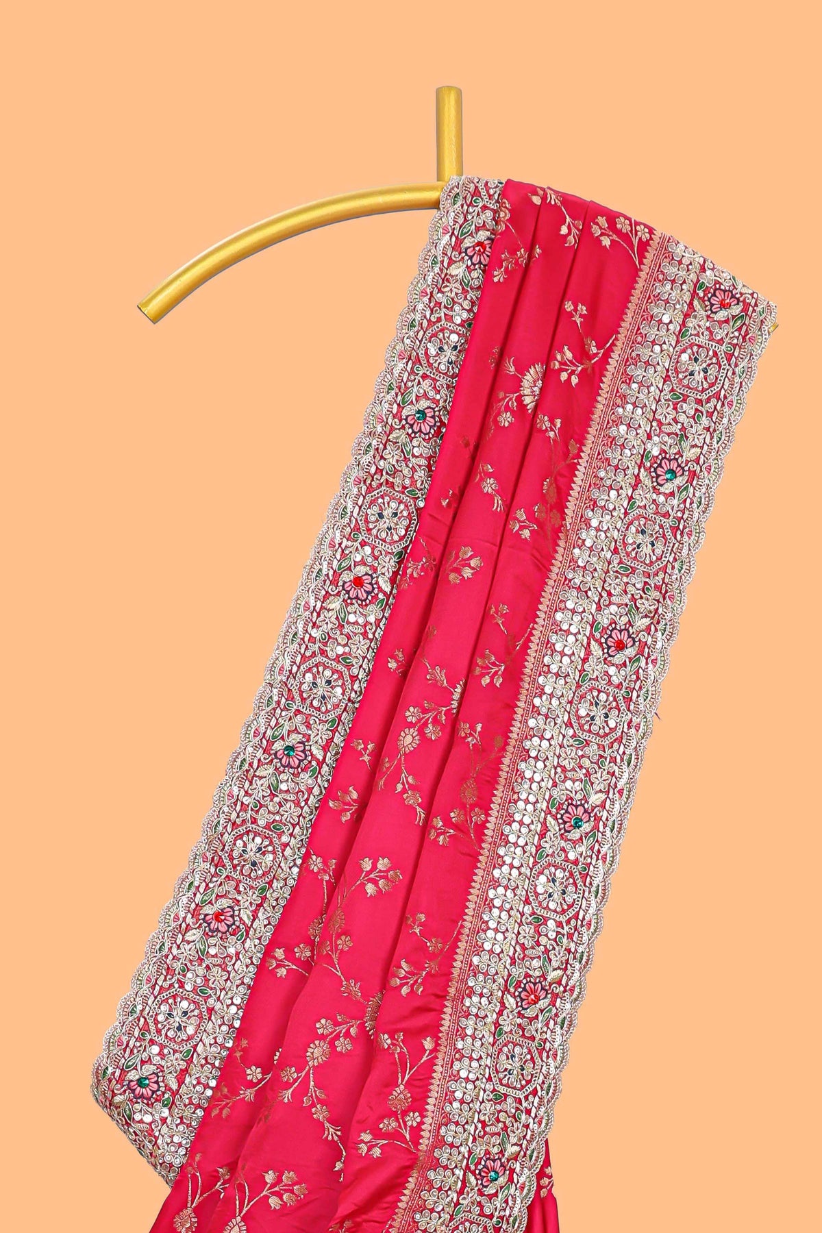 Rani pink floral designed banarasi silk saree with self floral embroidery border and matching blouse