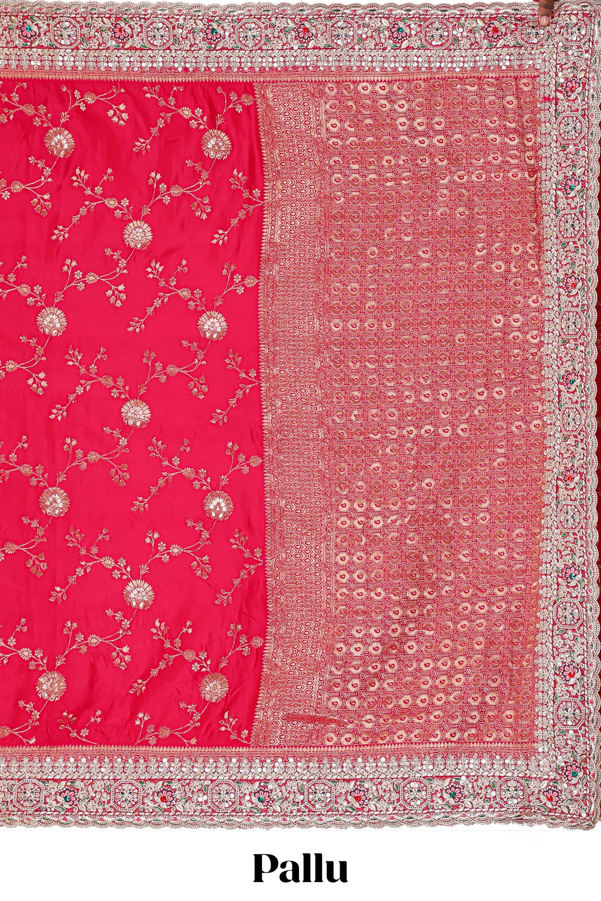 Rani pink floral designed banarasi silk saree with self floral embroidery border and matching blouse