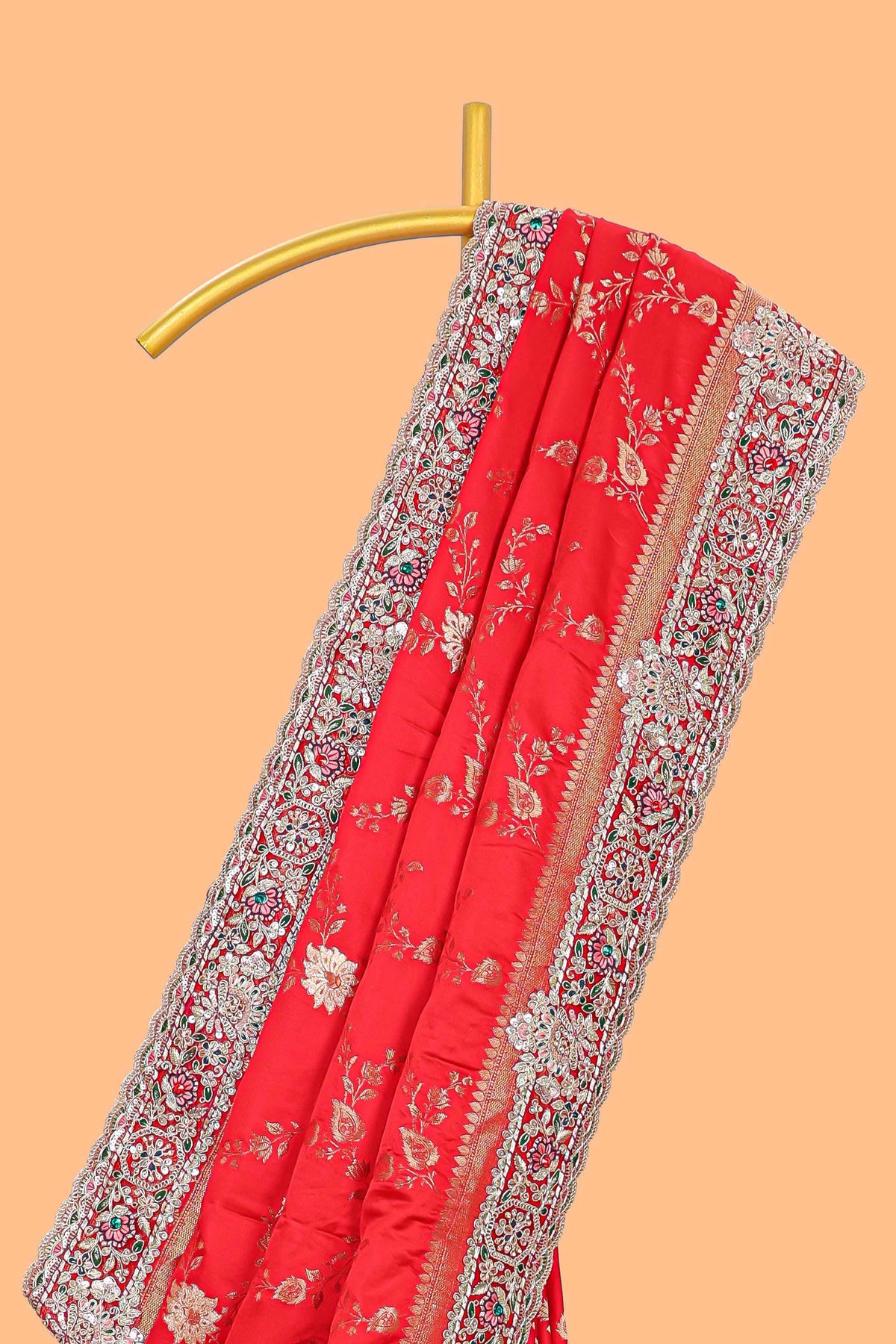 Red floral designed banarasi silk saree with self floral embroidery border and matching blouse
