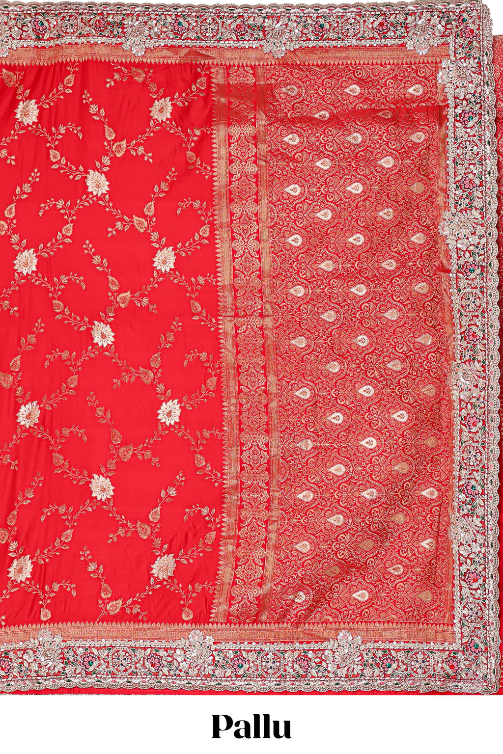 Red floral designed banarasi silk saree with self floral embroidery border and matching blouse
