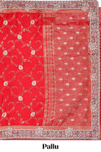 Red floral designed banarasi silk saree with self floral embroidery border and matching blouse