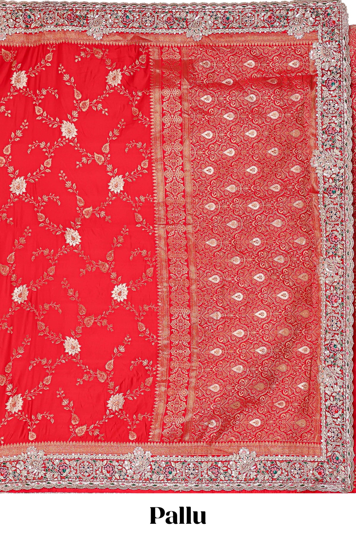 Red floral designed banarasi silk saree with self floral embroidery border and matching blouse