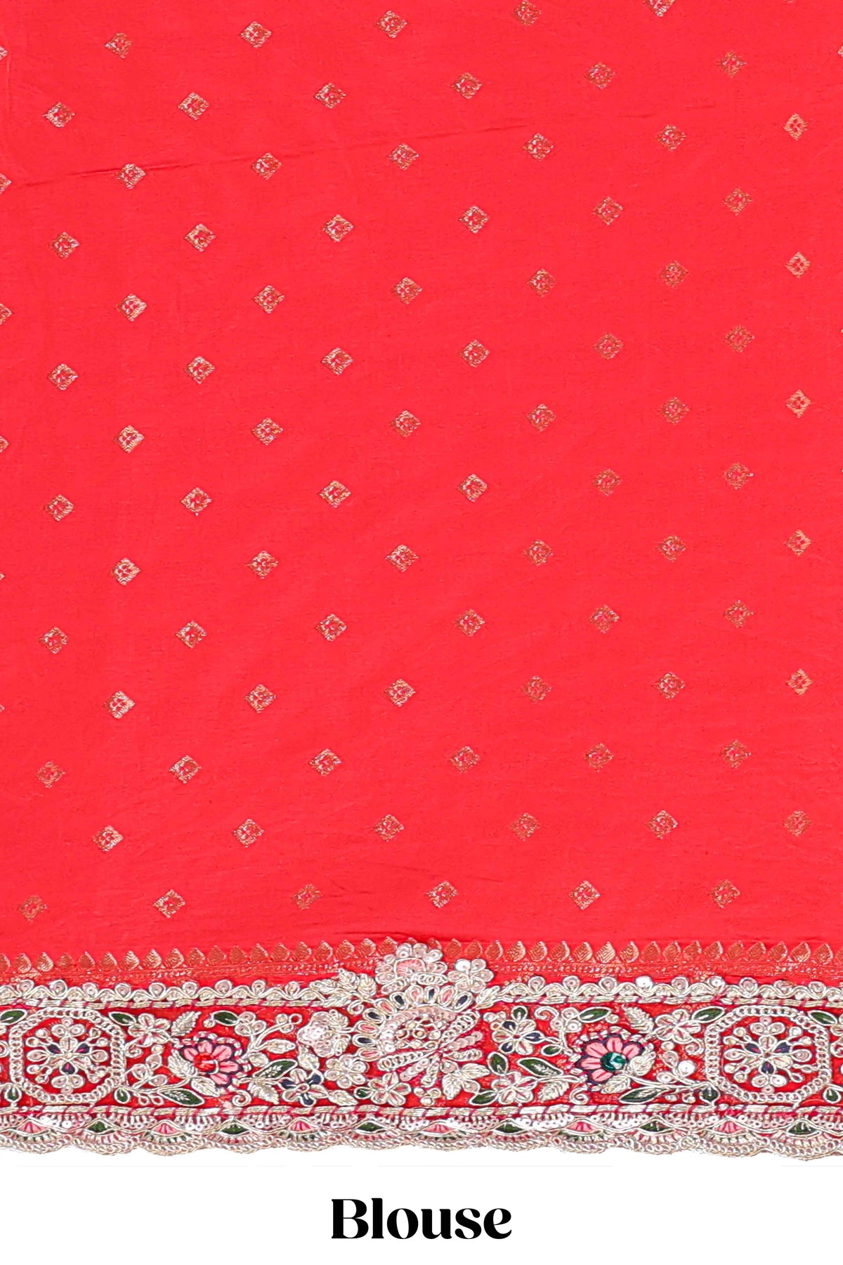 Red floral designed banarasi silk saree with self floral embroidery border and matching blouse
