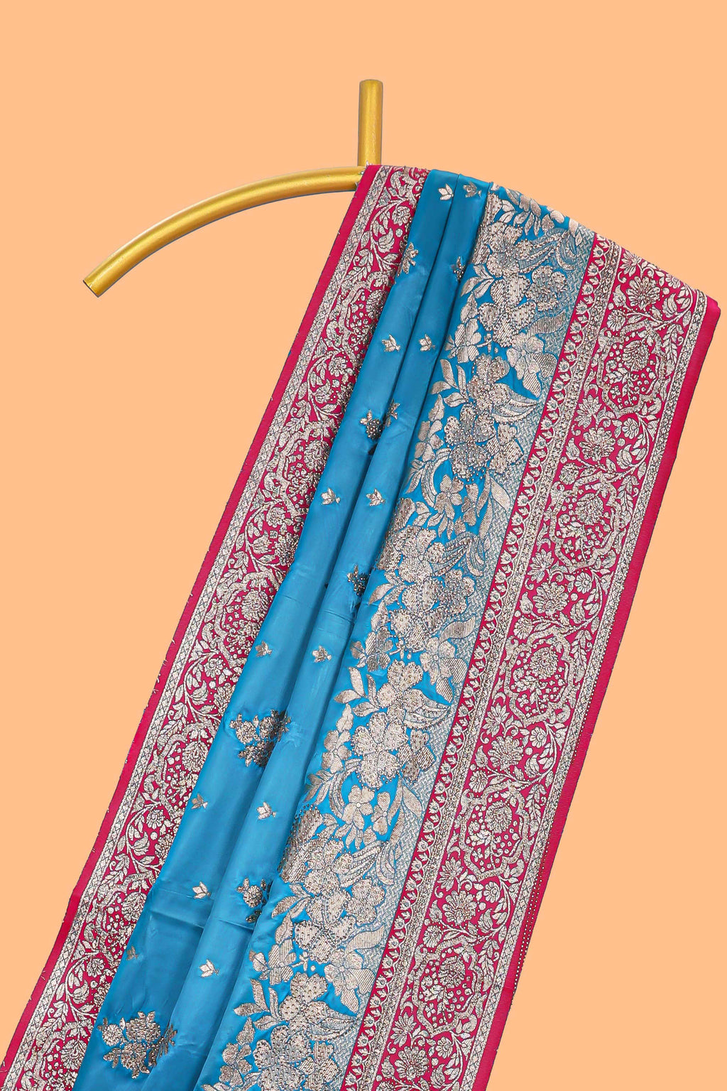 Blue floral designed banarasi silk saree with contrast floral border and matching blouse