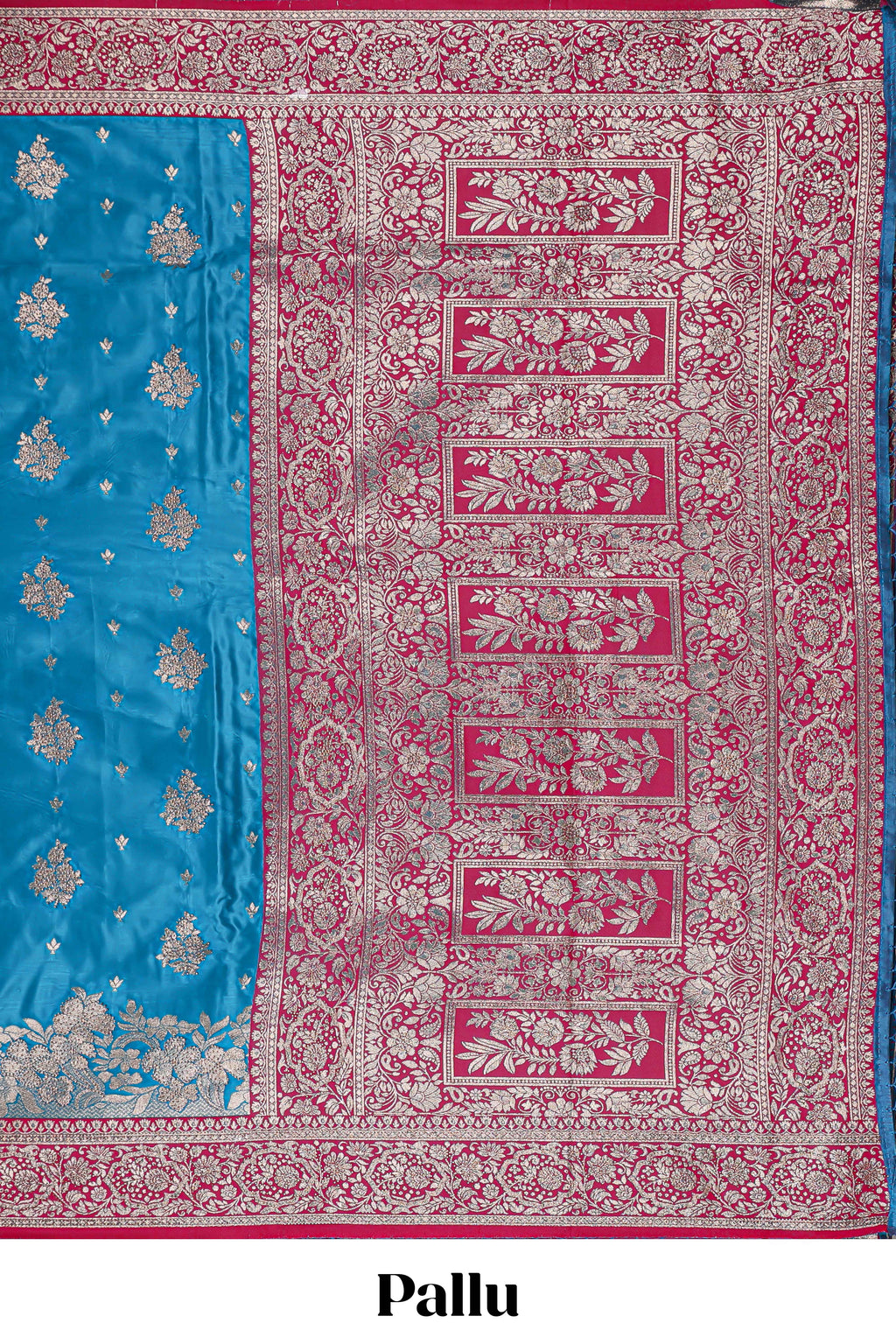 Blue floral designed banarasi silk saree with contrast floral border and matching blouse