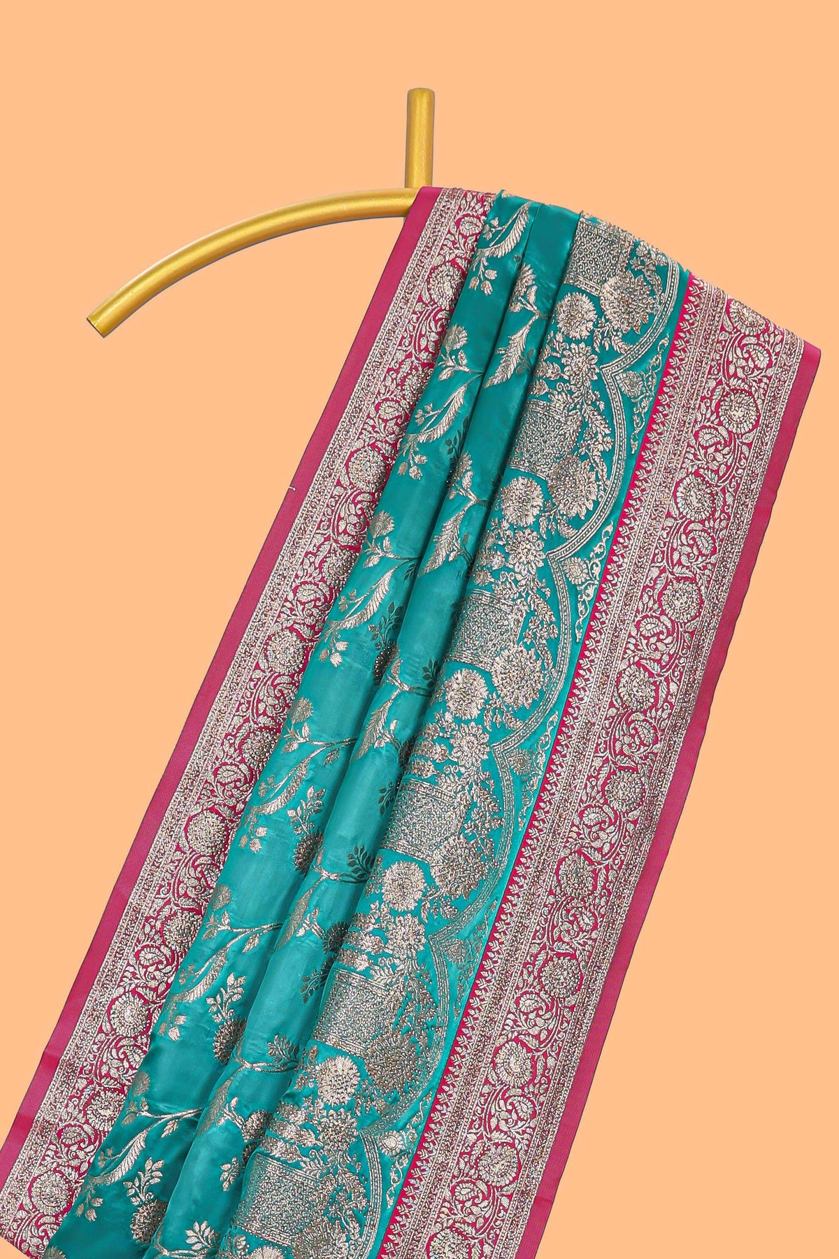 Green floral designed banarasi silk saree with contrast floral border and matching blouse